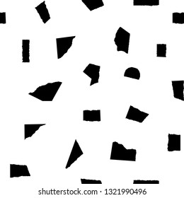 Seamless repeating pattern with paper cut shapes in black on white background. Modern collage style poster, gift wrap, fabric design.