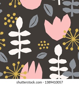 Seamless repeating pattern with paper cut floral shapes in lime green, pastel pink, white and dark brown. Modern and stylish wallpaper, fabric, branding and packaging design.