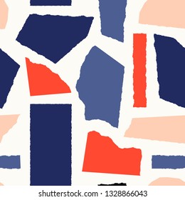 Seamless repeating pattern with paper shapes in red, blue and blush pink on cream background. Playful and modern contemporary collage style poster, gift wrap, fabric, packaging and branding design.