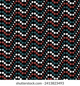 Seamless repeating pattern with parallel wavy dotted lines made of small red, blue, and white circles on a black background. Retro geometric style. Vector illustration.