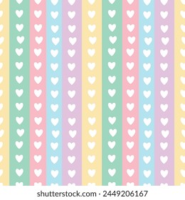 A seamless repeating pattern of pastel colored vertical stripes with white hearts.