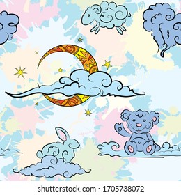 Patrón repetido sin inconvenientes en colores pastel. Nubes decorativas. Nubes para niños. Nubes en forma de animales. Moda, interior, embalaje, embalaje es adecuado. Patrón transparente geométrico vectorial