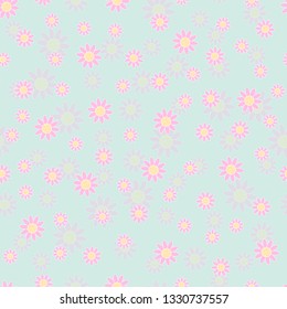 Seamless repeating pattern with pastel pink flowers with shadow. Vector illustration of spring, fresh flowers on mint background. Cute design conception best for print, fabric or wallpaper.
