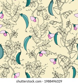 Seamless repeating pattern. Pea plant with pods and flowers. Colorful vector illustration, line art on light-colored backgroud for surface design and other design projects