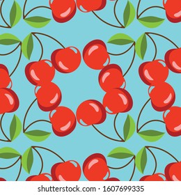 seamless repeating pattern with a picture of a ripe juicy cherry or cherry on a blue background.