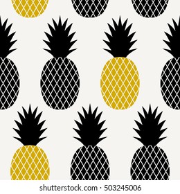 Seamless repeating pattern with pineapples in black and yellow on cream background. Modern textile, greeting card, poster, wrapping paper designs.
