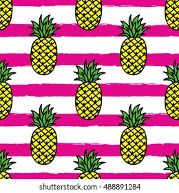 Seamless repeating pattern with pineapples on grunge strips. Modern textile, greeting card, poster, wrapping paper designs. Vector