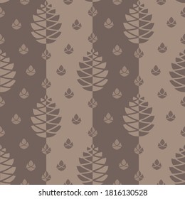Seamless repeating pattern of pinecones on brown background