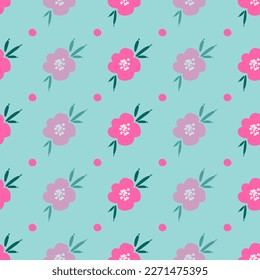 Seamless repeating pattern with pink flowers on blue background. Background or texture with flowers for fabric, wallpaper, textile, apparel, wrapping, scrapbooking, tags, cover, cards, invitation