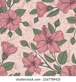 Seamless repeating pattern of pink hibiscus flowers