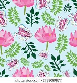Seamless repeating pattern of pink lotus flowers, dragon fruit slices with magenta seeds, and assorted green leaves and ferns scattered on a light blue background. Flat vector style with a fresh, delicate, and tropical botanical look.