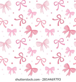 Seamless repeating pattern with pink ribbon bows in various styles and scattered polka dots on a light background. Flat vector illustration in a cute feminine style, suitable for fabric, textile print, wallpaper, wrapping paper.