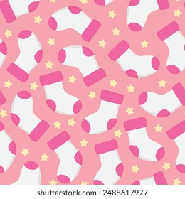seamless repeating pattern pink and white baby girl socks decorated with small stars on a pink background