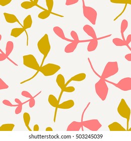 Seamless repeating pattern with pink and yellow branches on cream background. Autumn tiling background, poster, textile, greeting card design.