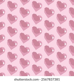 Seamless repeating pattern of pixelated 8-bit hearts on a light pink background. Retro games or digital aesthetic with playful and cheerful vibe. Decorative for coasters, mugs, or phone cases. 