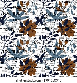 seamless repeating pattern with plants and words. vector illustration. fashion style