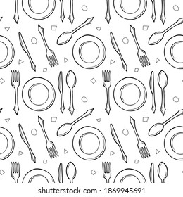 Seamless repeating pattern of plates and cutlery. Crockery knives and forks spoons. Hand drawn contour sketch. 