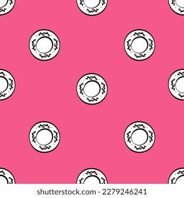 Seamless repeating pattern of plates and cutlery. Crockery knives and forks spoons. Hand drawn contour sketch.