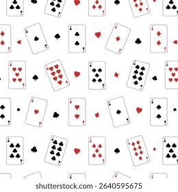 A seamless repeating pattern of playing cards of various suits: spades, clubs, diamonds and hearts, with symbols of individual suits scattered on them.