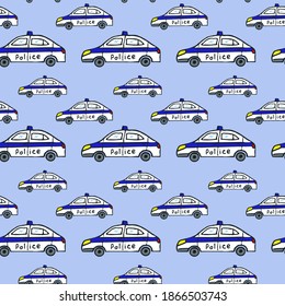 Seamless repeating pattern. Police car. Child. Background, base, print, on fabric.