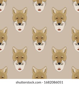 Patrón repetido sin inconvenientes con retratos de la señora coyote. Carácter fantástico. Hermosa chica con máscara de tótem coyote o casco.