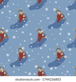 Seamless repeating pattern with praying Virgin Mary and snowflakes. Winter Christmas motif.