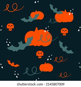 Seamless repeating pattern with pumpkins and skulls. Happy Halloween.