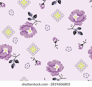 Seamless repeating pattern of purple roses and diamond lattice shapes