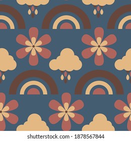 seamless repeating pattern with rainbows, rainy clouds and flowers. vector illustration