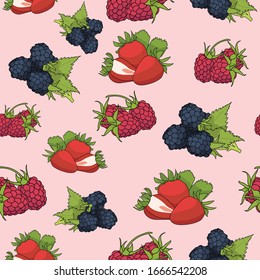 Seamless repeating pattern of raspberries, strawberries and blackberries