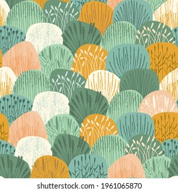 Seamless repeating pattern with realistic vector illustrations of grasses gathered in pastel-colored spots arranged in cascades