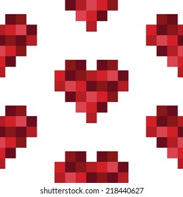 Seamless repeating pattern of red pixel art style heart shapes