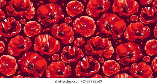 Seamless repeating pattern of red poppies. Flower heads with delicate petals. Half drop print.