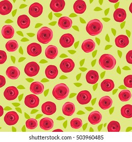 Seamless repeating pattern. Red roses on a green leaf background illustration. Vector illustration.