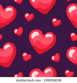 Seamless repeating pattern of red small and big hearts on purple  background. Design for wallpapers, wedding invitations, birthday card, scrapbooking, fabric print etc.