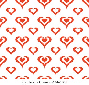 Seamless repeating pattern of red small and big hearts on white background. Design element for wallpapers, wedding invitations, birthday card, scrapbooking, fabric print etc. Vector illustration.