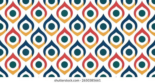 Um padrão de repetição sem costura com uma estética retrô, apresentando formas de gotas estilizadas em vermelho, azul e amarelo, cada um contendo um círculo texturizado azul-petróleo.