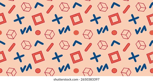 A seamless, repeating pattern with a retro feel, showcasing simple geometric shapes like squares, crosses, and cubes in red and blue against a light peach backdrop.
