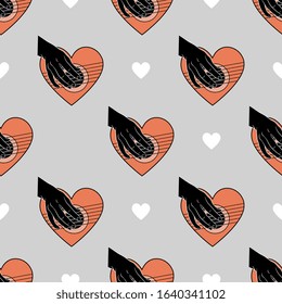 Seamless repeating pattern with romantic emblem. Human hand playing the heart as guitar. Strings of love. Valentine's Day decor. Creative concept.