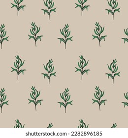 Seamless repeating pattern with rosemary plant floral motif. Cute ornament with rosemary. Template for textile, wrapping paper and packaging design. Vector