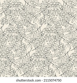 Seamless repeating pattern with rowan tree branches and ashberries. Vector illustration on light blue backgroud for surface design and other design projects