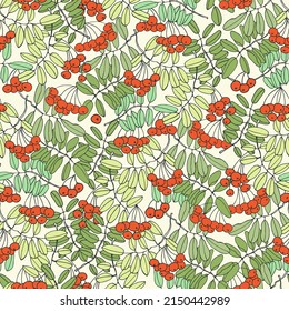 Seamless repeating pattern with rowan tree branches and ashberries. Colorful vector illustration on light-colored backgroud for surface design and other design projects