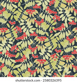 Seamless repeating pattern with rowan tree branches and ashberries. Colorful vector backgroud in charm, luxurious, comfort style