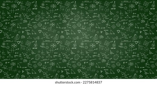 Seamless repeating pattern with science, math equations, chemistry and quantum physics research with geometrical figures on a blackboard at school