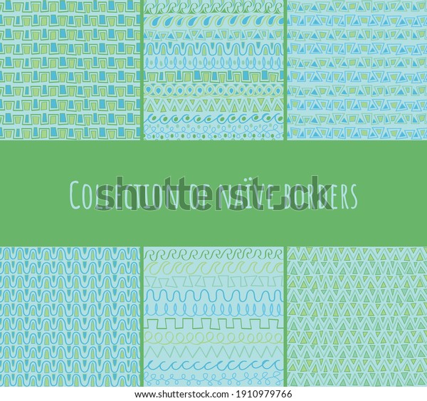 Seamless\
repeating pattern. Set of 6 different repeating patterns of naive,\
handdrawn borders in light blue and green.\
