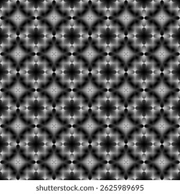 A seamless, repeating pattern in shades of black and white, featuring a stylized floral or star-like motif with a gradient effect, creating a subtle and elegant texture.