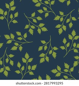 A seamless repeating pattern showcasing stylized green leafy branches arranged randomly on a dark navy blue background