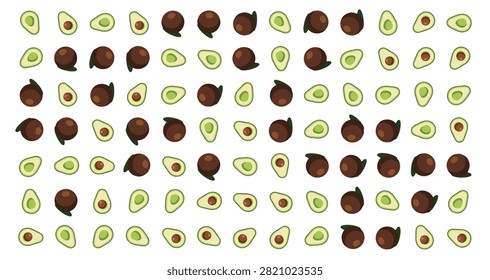 seamless repeating pattern showing whole avocados and halved avocados with brown seeds arranged on a white background