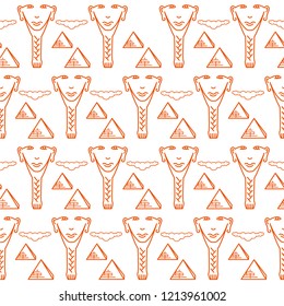 Seamless repeating pattern, signs of the face of an Egyptian man with a beard on the background of the pyramids. Vector set on white background.