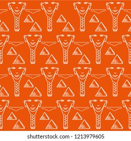 Seamless repeating pattern, signs of the face of an Egyptian man with a beard on the background of the pyramids. Vector set on red background.